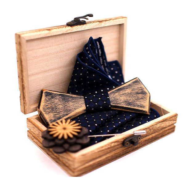 Exquisite Handky Wooden Lapel Pin Slim Bowtie Set For Men Wedding 4